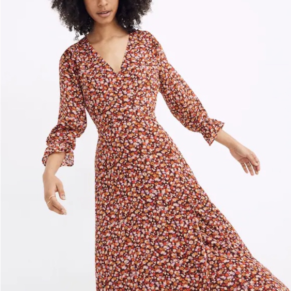 Madewell Long-Sleeve Crossover Midi Dress in Clipdot Spring Prairie, Size 14